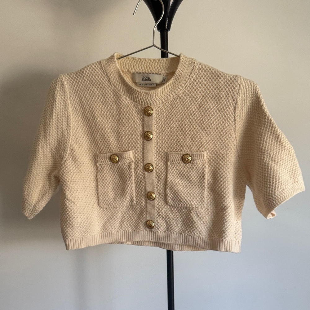 Cream Knit Cardigan with Gold Accents